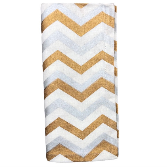 4 Dinner Napkins Set Linen Chevron Gold Silver 20” - Picture 6 of 8